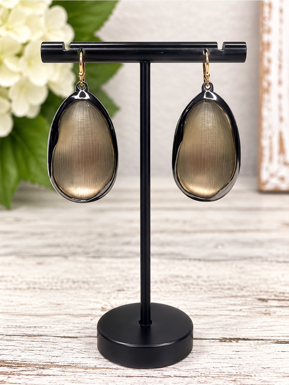 Alexis Bittar Smoky Lucite Organic Drop Earrings Gunmetal Tone